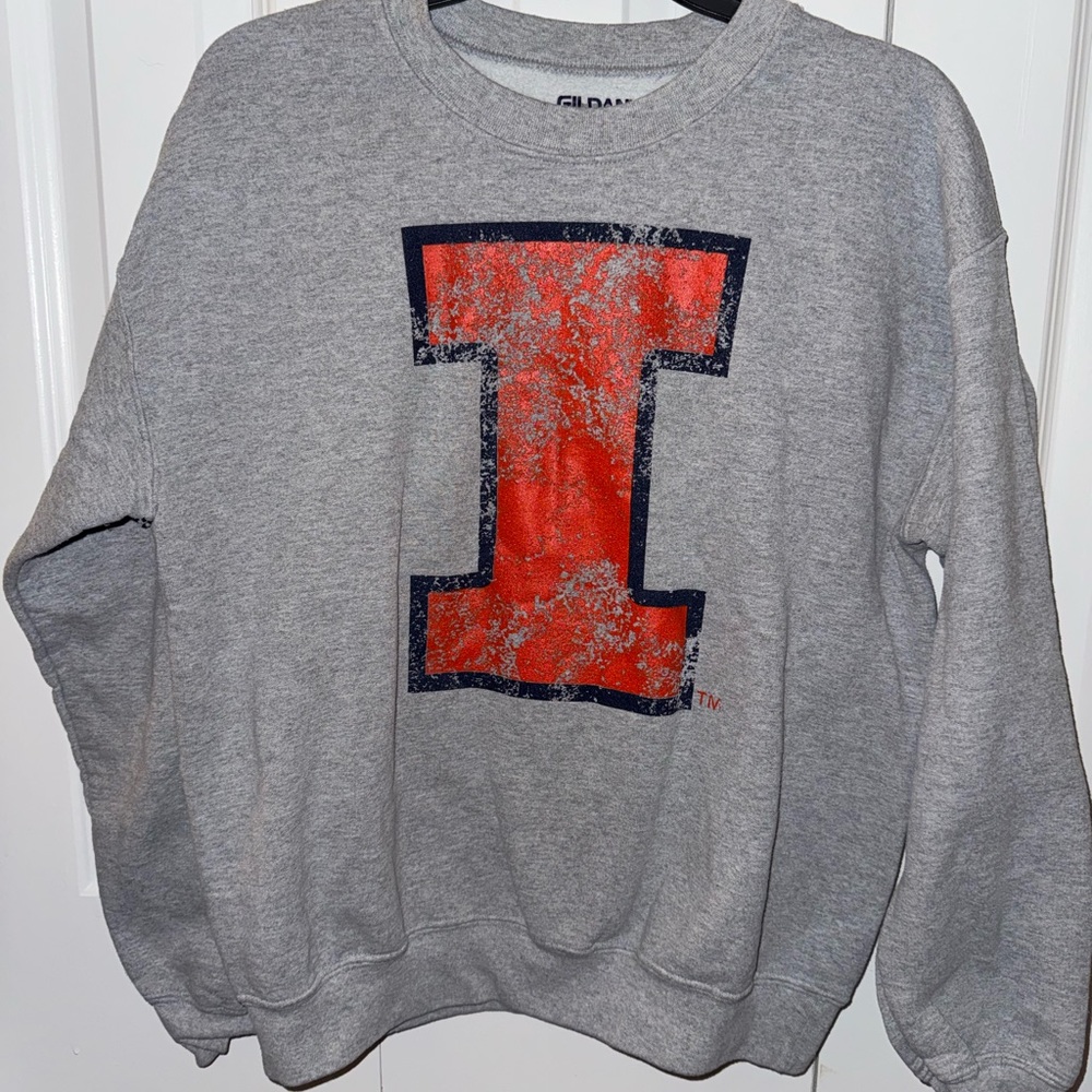 Gildan Gray and Orange University of Illinois Men's Crewneck Sweatshirt